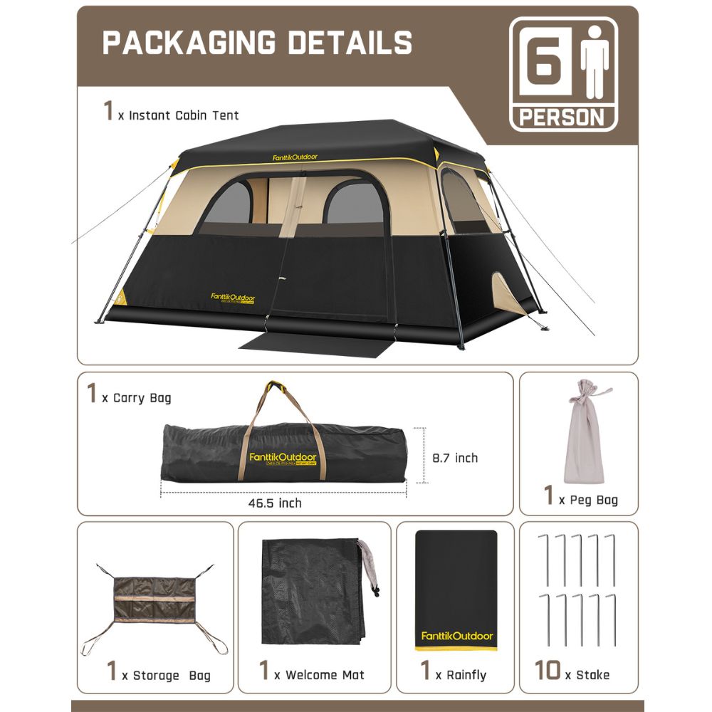 FanttikOutdoor Zeta C6 Pro Max 6 Person Camping Tent: tent, carry bag, stakes, rainfly, mat, storage bag.