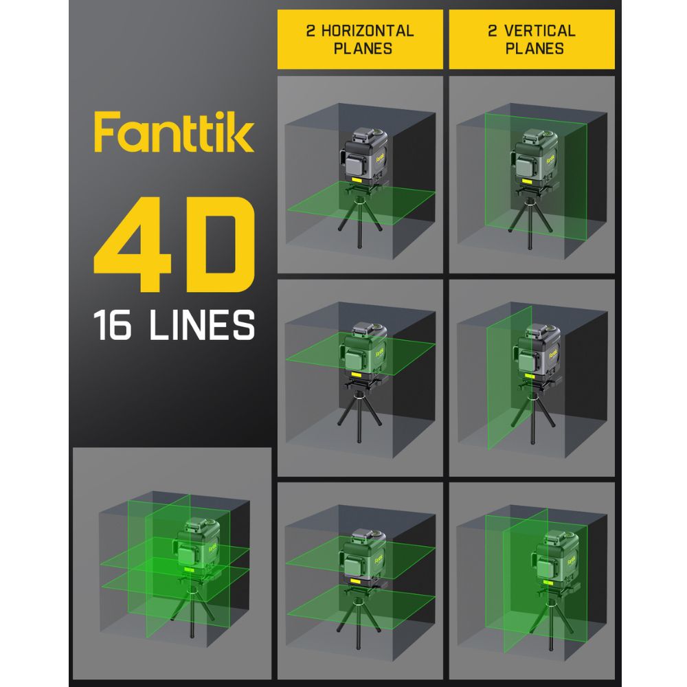 Fanttik D16 APEX 4D laser level projecting 16 lines for 360° coverage on horizontal and vertical planes.