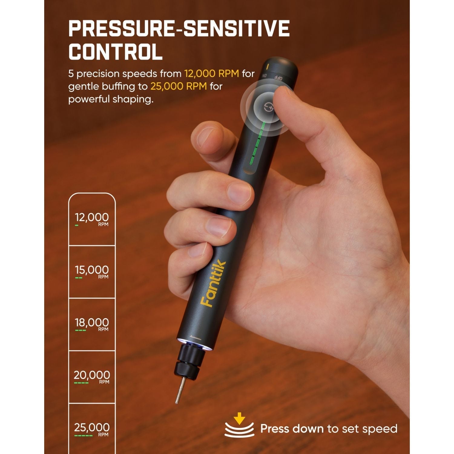 Fanttik cordless rotary tool in hand, pressure-sensitive control, 12,000-25,000 RPM
