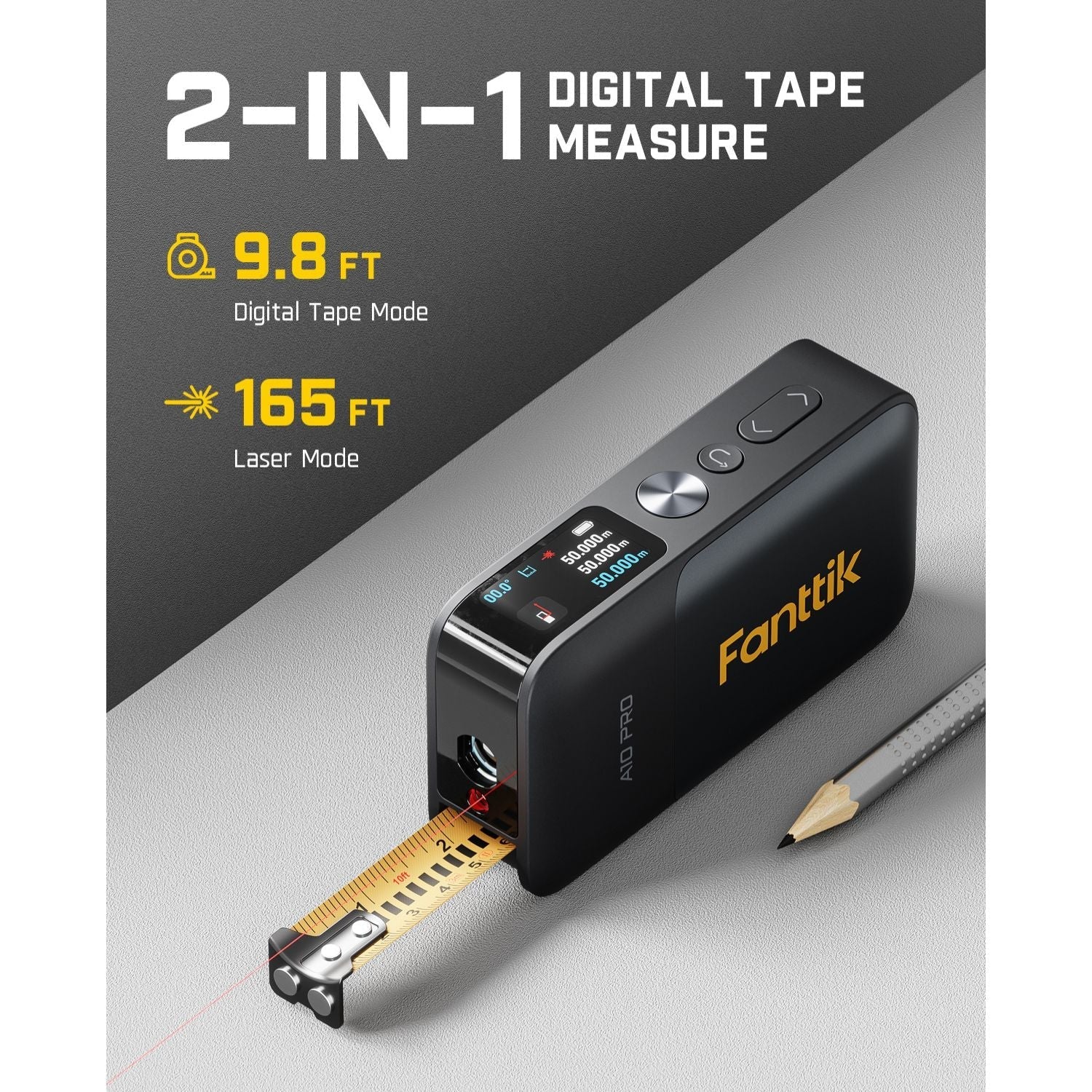 Fanttik A10 Pro 2-in-1 laser distance meter with 9.8ft digital tape and 165ft laser range. HD color display.