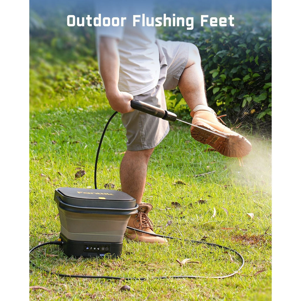 Fanttik NB8 Fold cordless pressure washer cleaning muddy hiking boots outdoors.