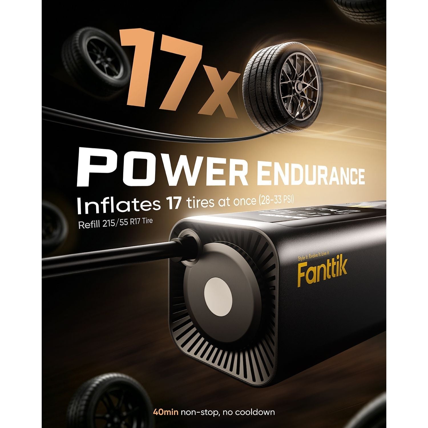 Powerful Battery Life Up To 40 Mins. With our innovative proprietary cooling function, it can continuously refill 17 tires without pausing. No need to wait for cooling
