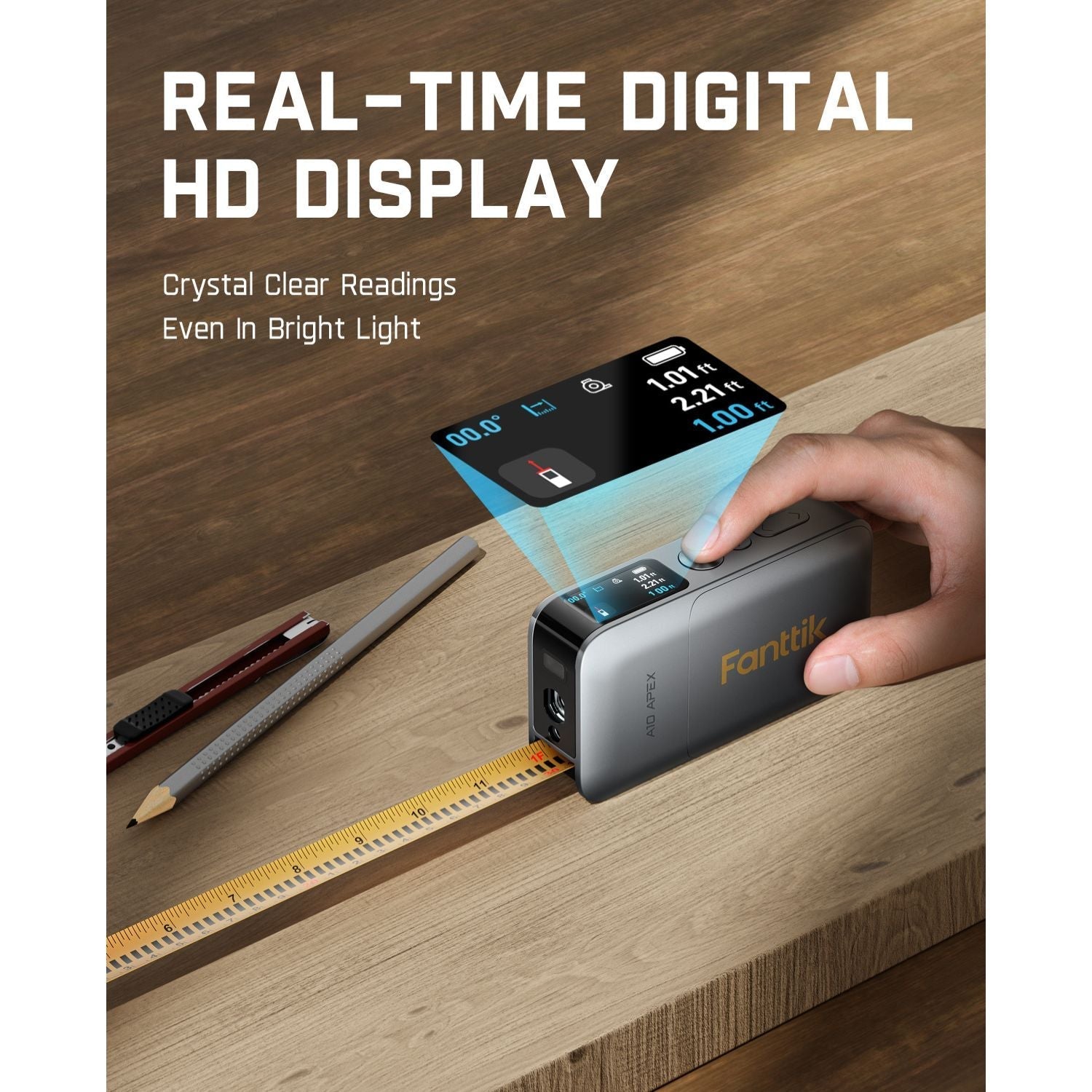 Fanttik A10 Apex 3-in-1 laser distance meter with real-time HD display and digital tape measure