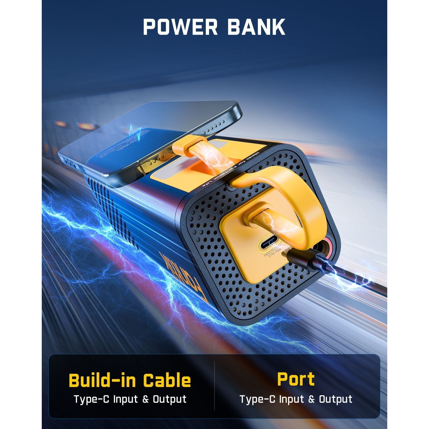 Fanttik power bank with built-in USB-C cable and USB-C port, blue and yellow design