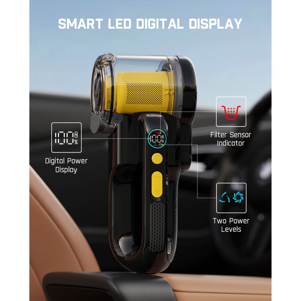 Fanttik V10 Apex car vacuum with smart LED display: 100% power, filter indicator, 2 power levels.