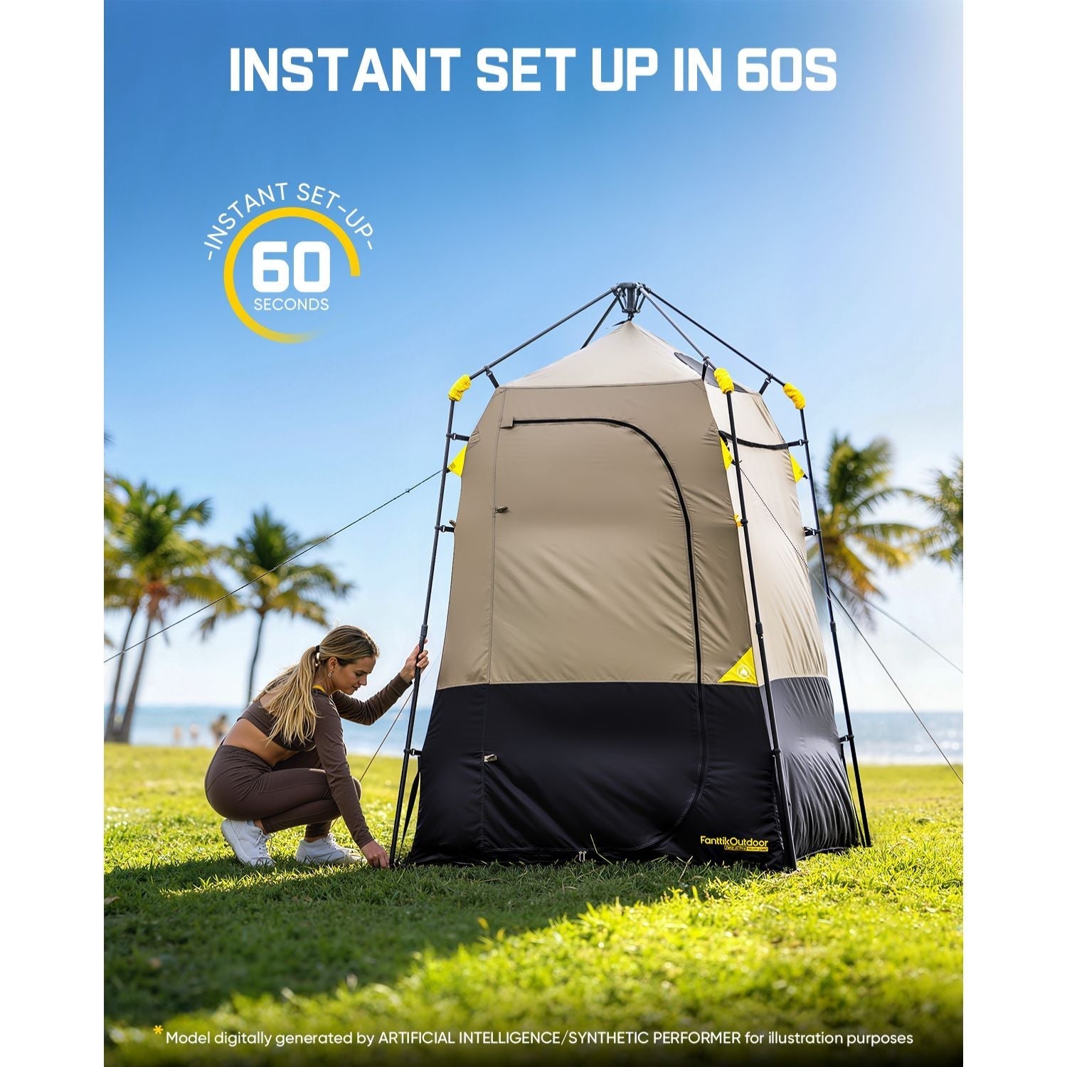 Portable shower tent with a woman setting it up on grass, palm trees in the background