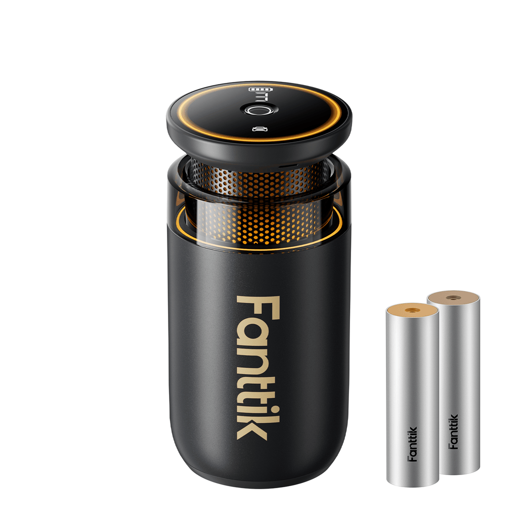 Fanttik N10 Smart Car Air Freshener in black with gold accent and two refill cartridges