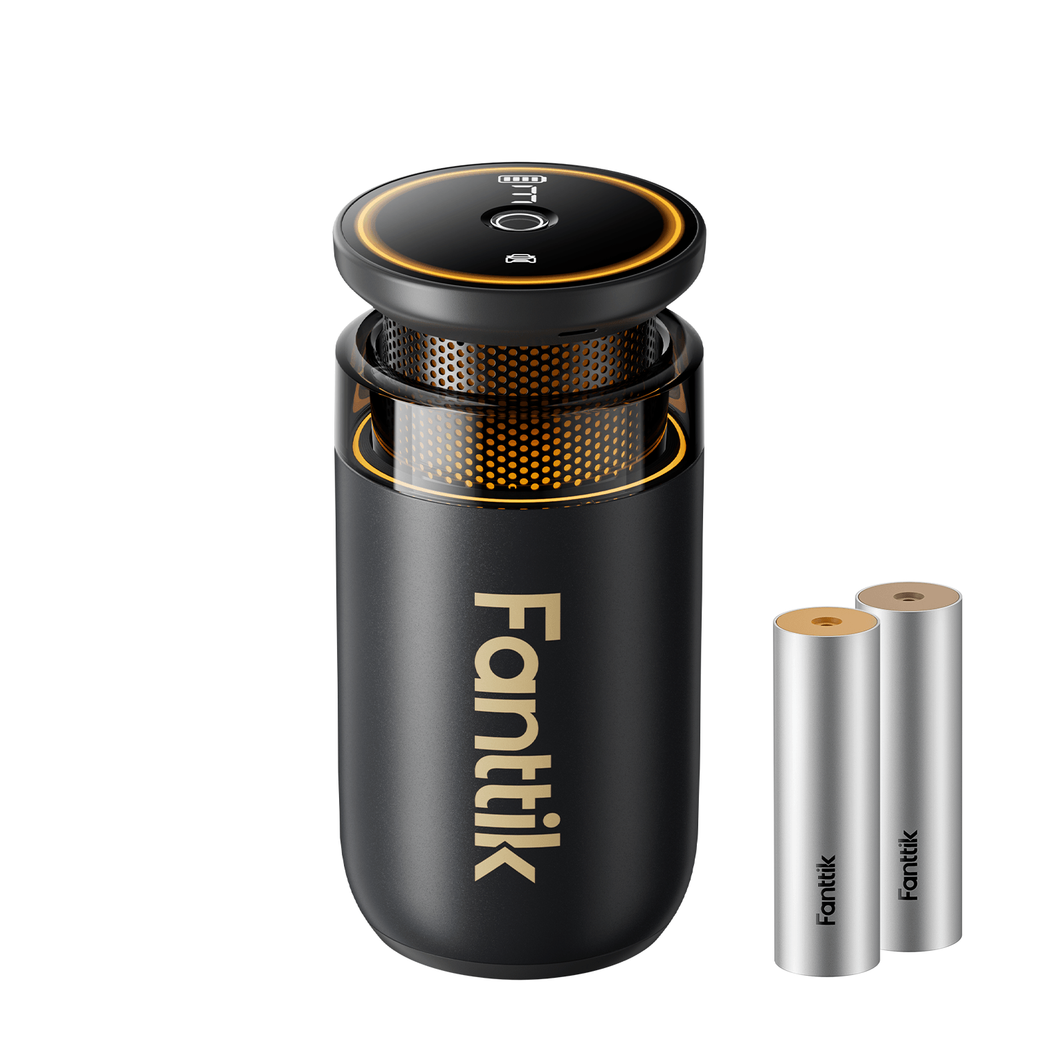 Fanttik N10 Smart Car Air Freshener in black with gold accent and two refill cartridges