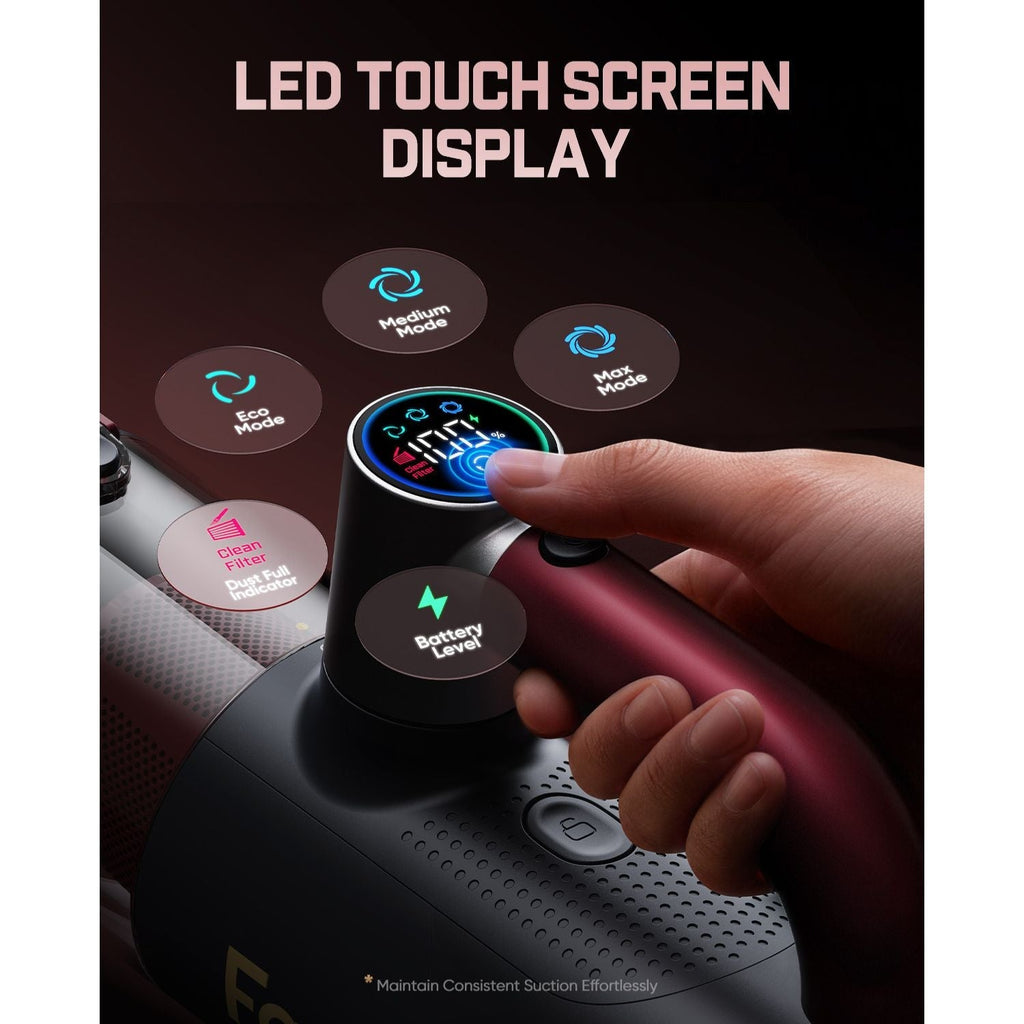 Fanttik Cruise V11 APEX handheld vacuum LED touch screen display with mode and battery indicators