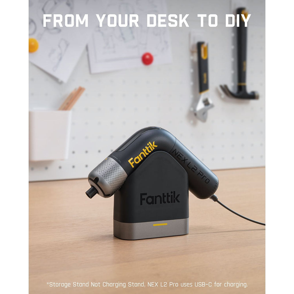 Fanttik L2 Pro cordless electric screwdriver on storage base, ideal for home and DIY tasks.