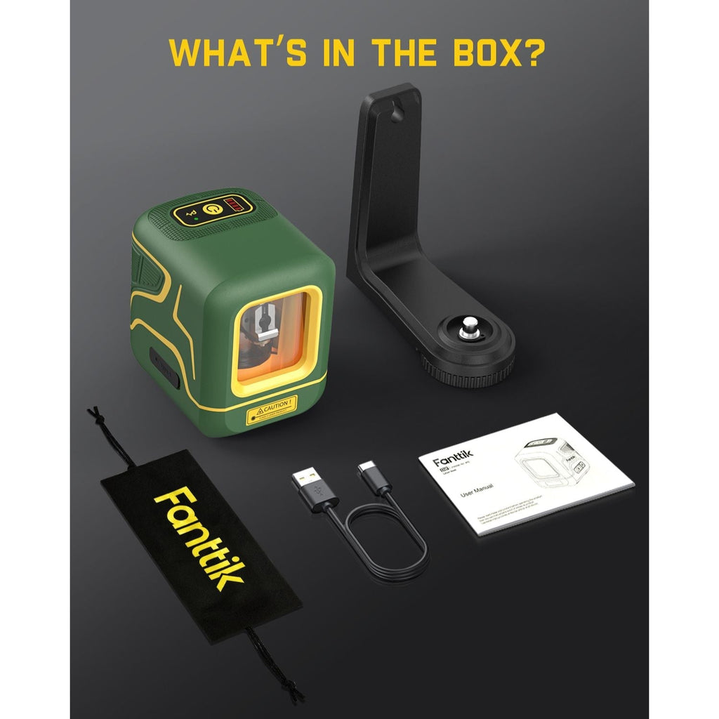 Fanttik D2 Cross Line Laser Level box contents: laser level, magnetic mount, pouch, USB-C cable, and user manual.