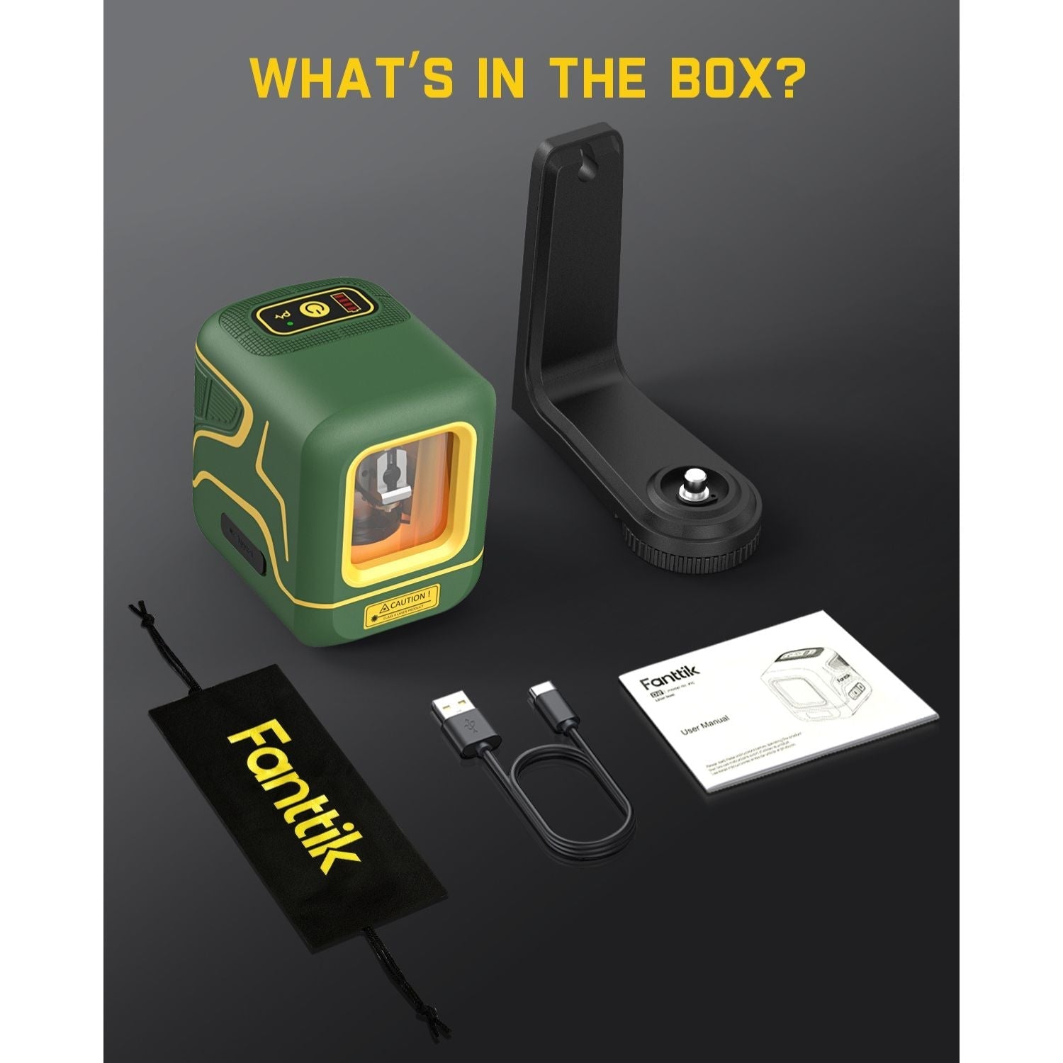 Fanttik D2 Cross Line Laser Level box contents: laser level, magnetic mount, pouch, USB-C cable, and user manual.