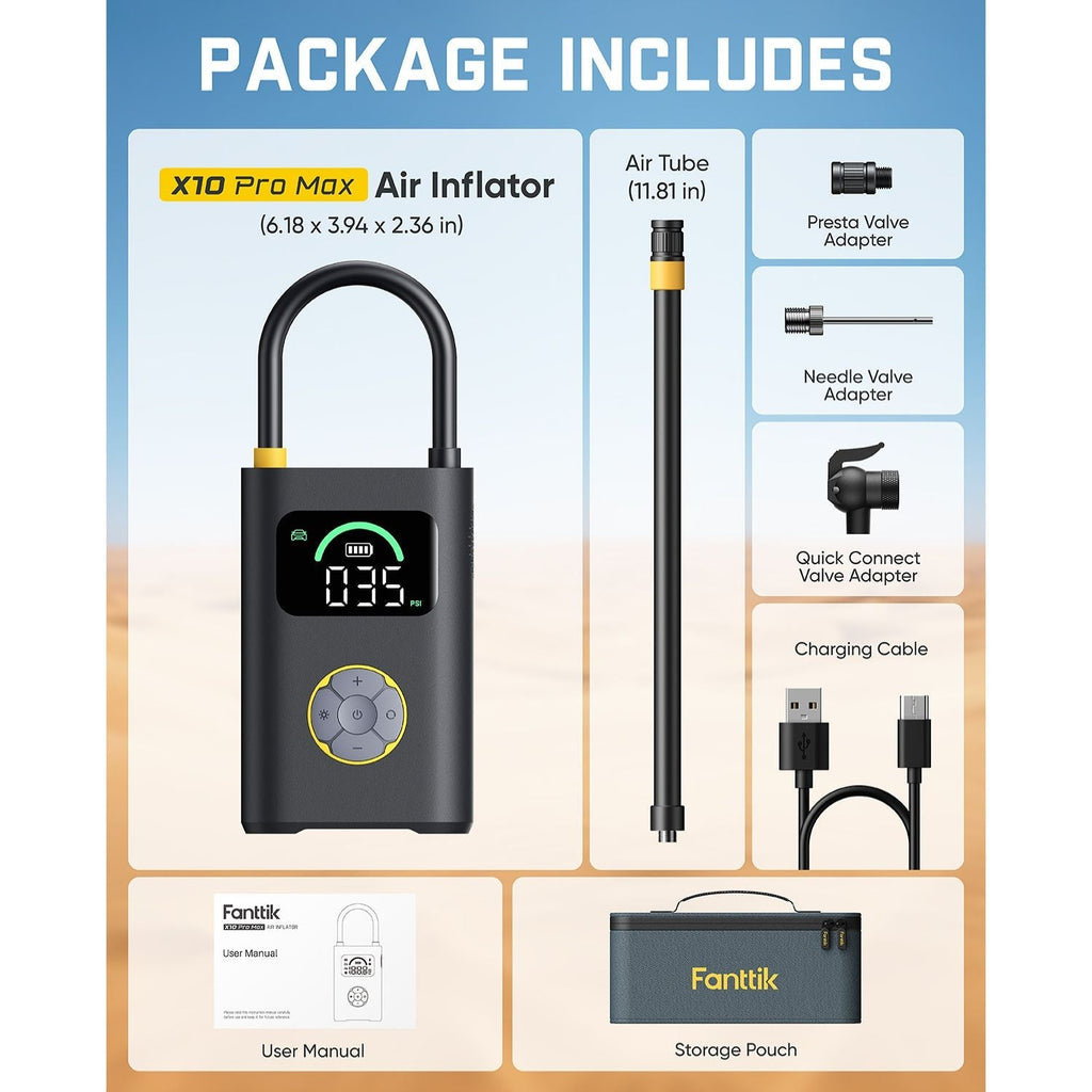 Fanttik X10 Pro Max tire inflator package includes air tube, adapters, charging cable, manual and storage pouch