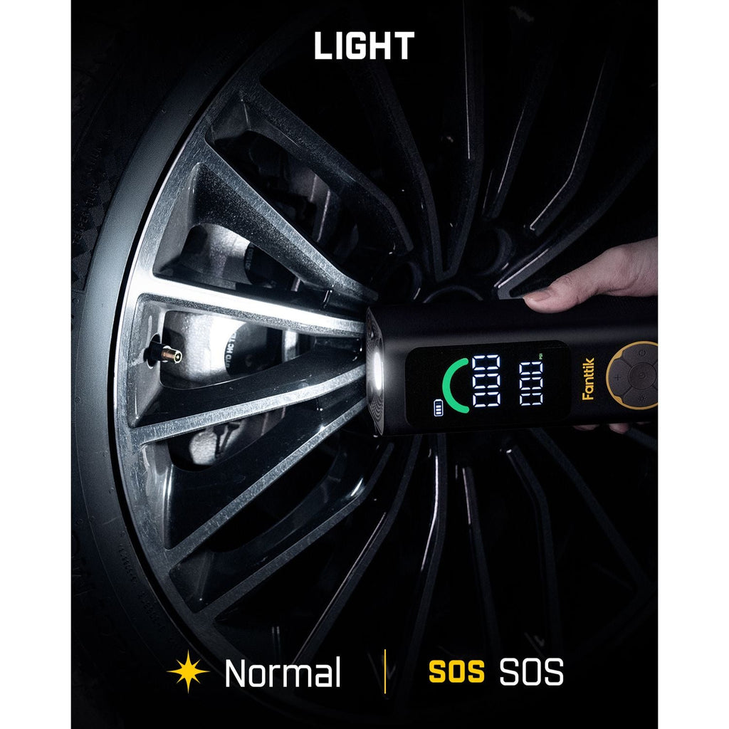 Fanttik X10 Cross Tire Inflator with digital display near car tire. Features LIGHT, Normal, and SOS modes for easy use.