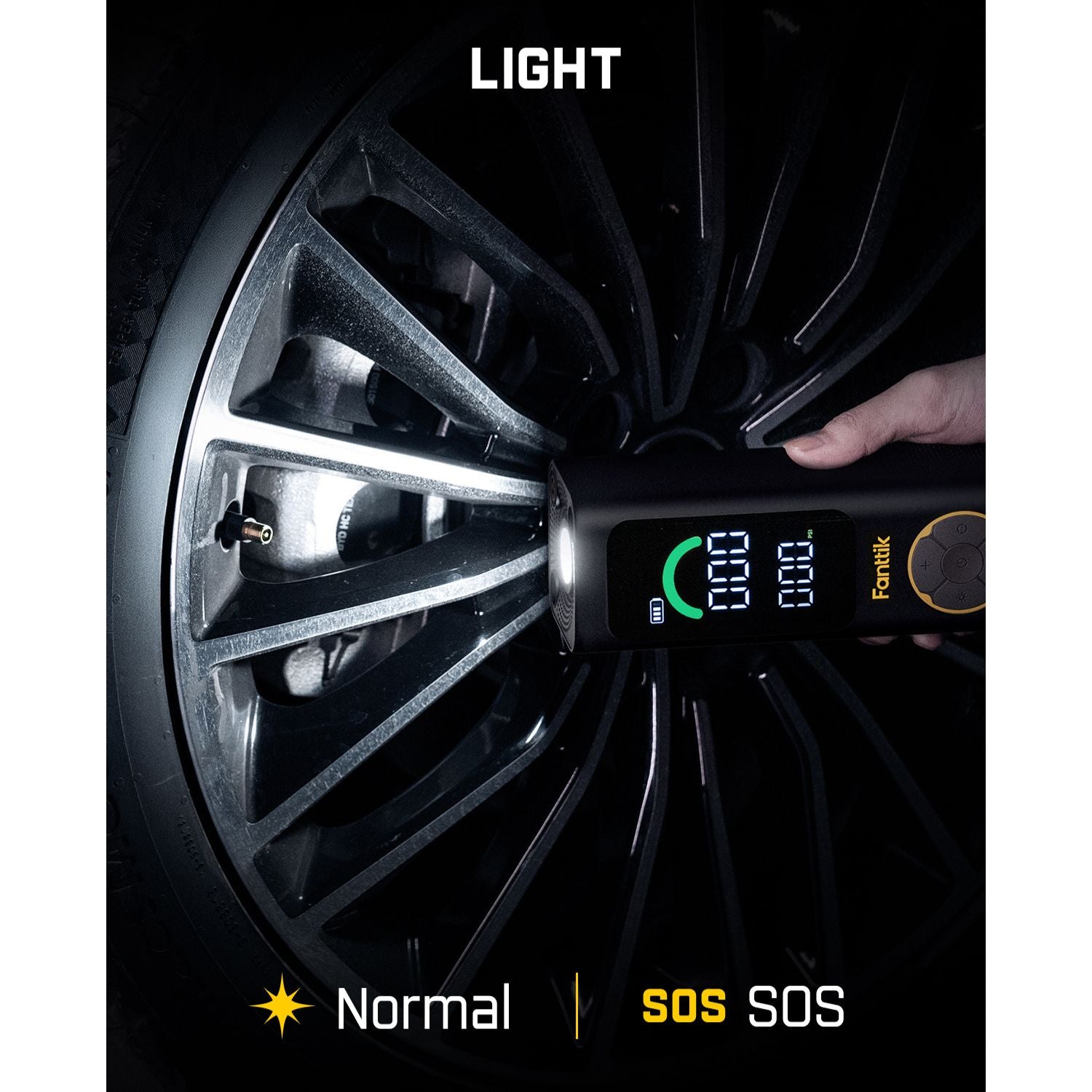 Fanttik X10 Cross Tire Inflator with digital display near car tire. Features LIGHT, Normal, and SOS modes for easy use.
