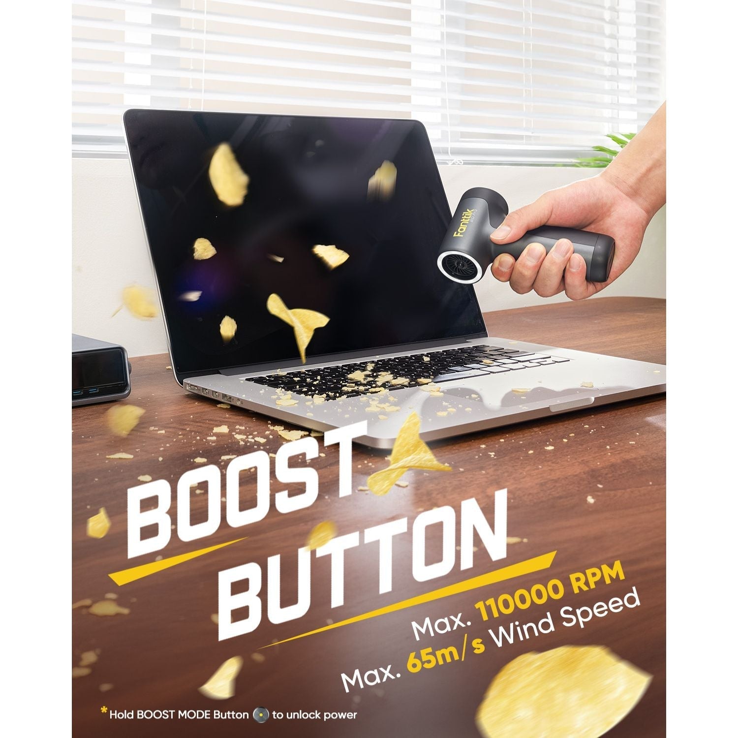 Fanttik B10 Pro electric air duster cleaning laptop screen with chips, max 110000 RPM