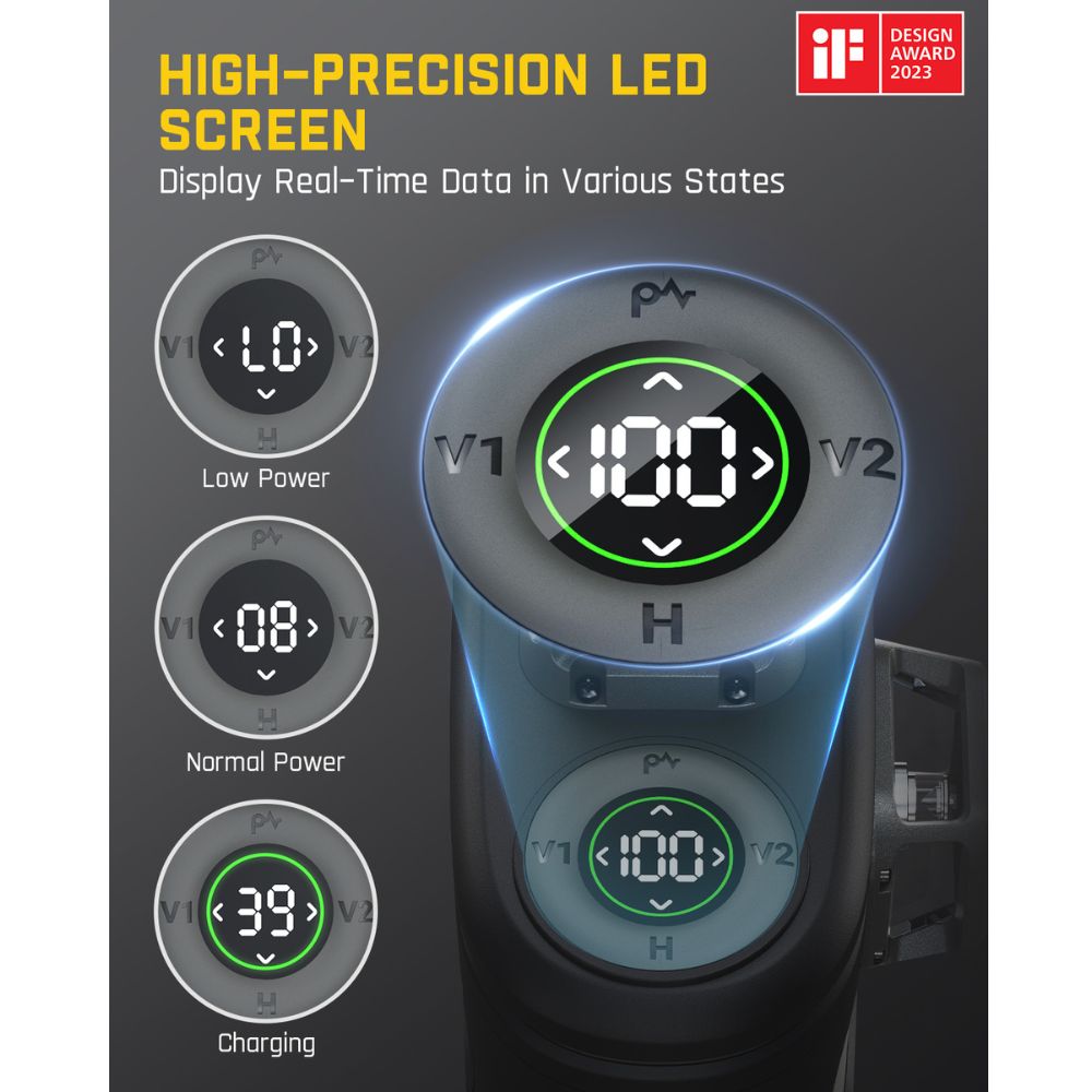 Fanttik D12 PRO laser level digital screen displaying low power, normal power, and charging status.
