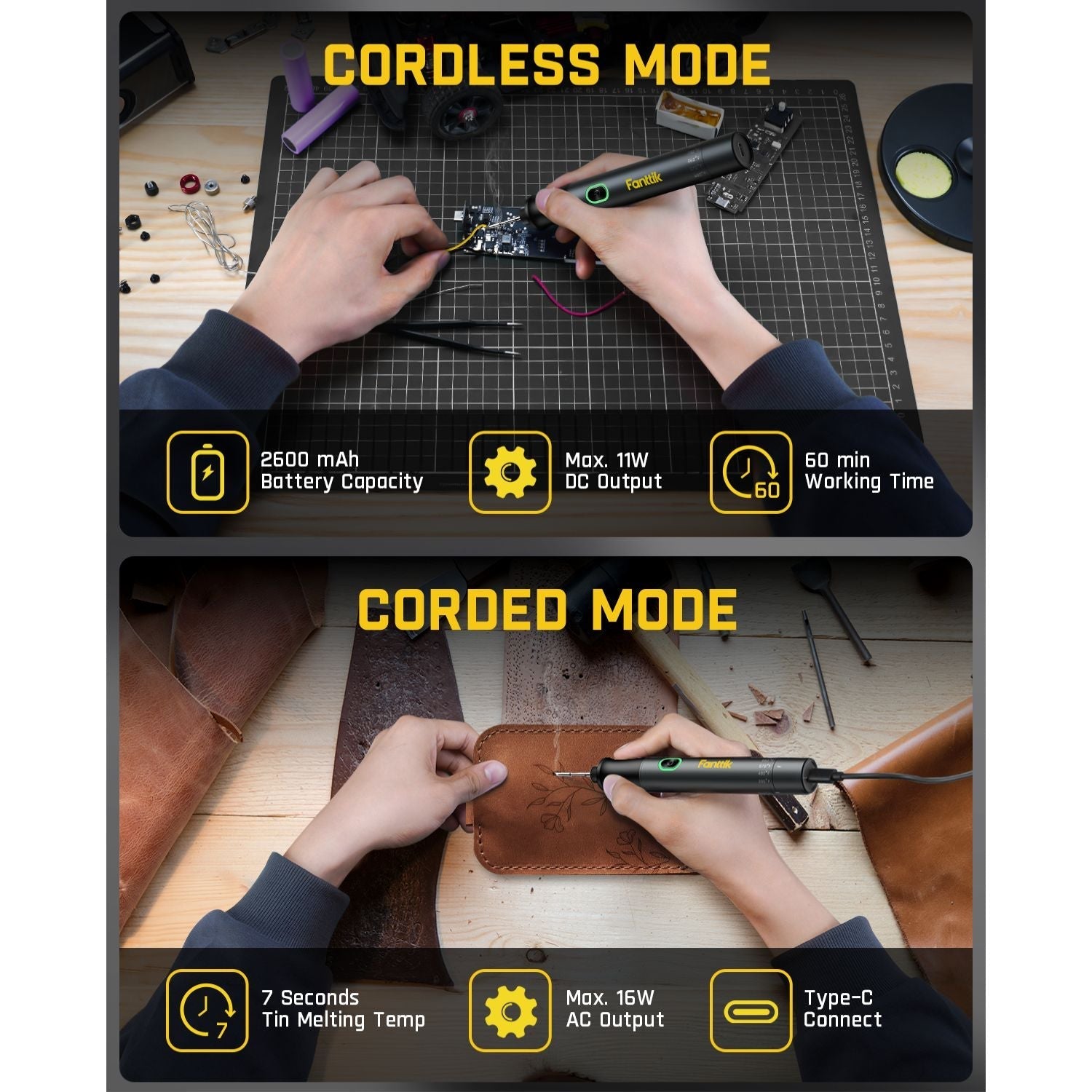 Fanttik T1 Max soldering iron: cordless (2600mAh, 11W, 60min) and corded (7s melt, 16W, Type-C) modes.