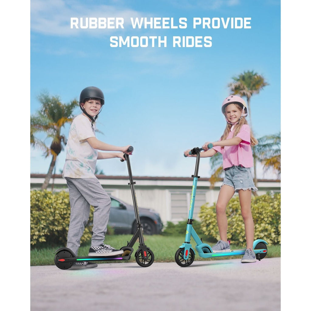 FanttikRide C9 Pro blue electric scooter with LED lights, ridden by a child. Text reads: RUBBER WHEELS PROVIDE SMOOTH RIDES.