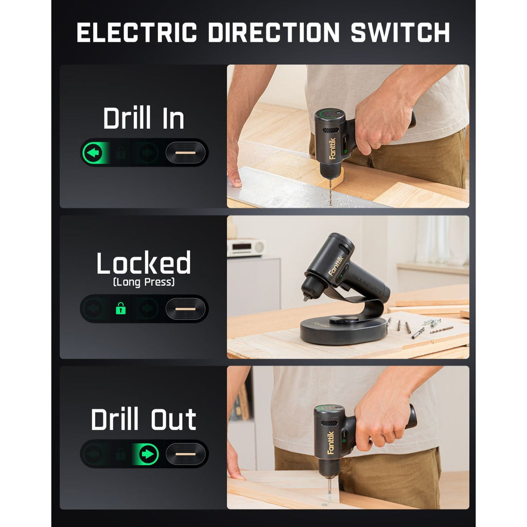 Fanttik K2 Ultra cordless power drill shows electric direction switch: Drill In, Locked, and Drill Out modes.