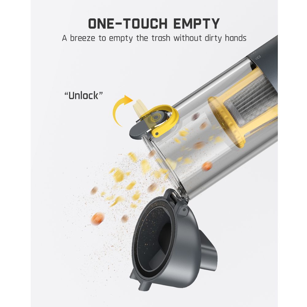 Fanttik Slim V9 Mix car vacuum's one-touch empty feature, illustrating hygienic dust disposal with an unlock mechanism.