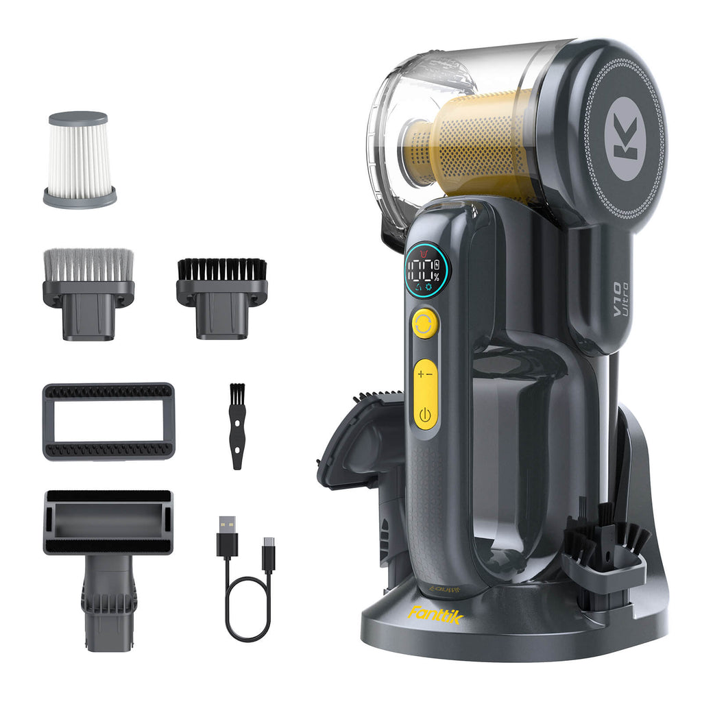 Fanttik Fold V10 Ultra Deluxe handheld vacuum with charging base and multiple cleaning attachments.