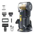 Fanttik Fold V10 Ultra Deluxe handheld vacuum with charging base and multiple cleaning attachments.