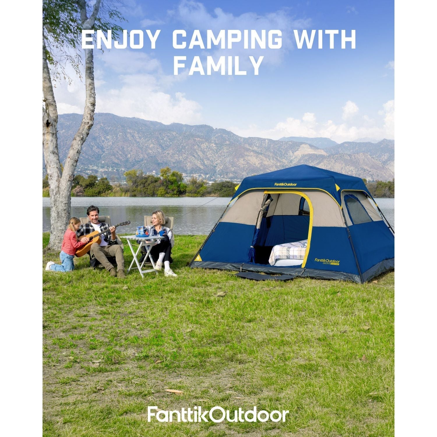 FanttikOutdoor Zeta C6 Pro 6 person camping tent setup with family enjoying lakeside recreation.