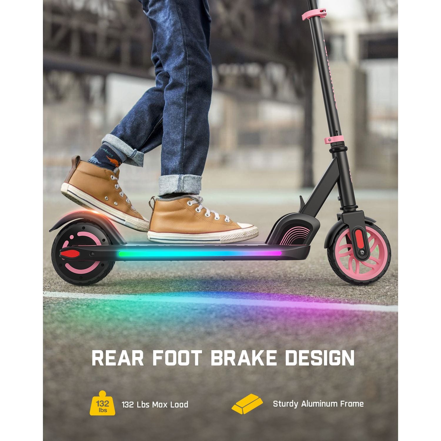Pink and black FanttikRide C9 Apex electric scooter with LED lights, featuring a child's foot on the rear brake.