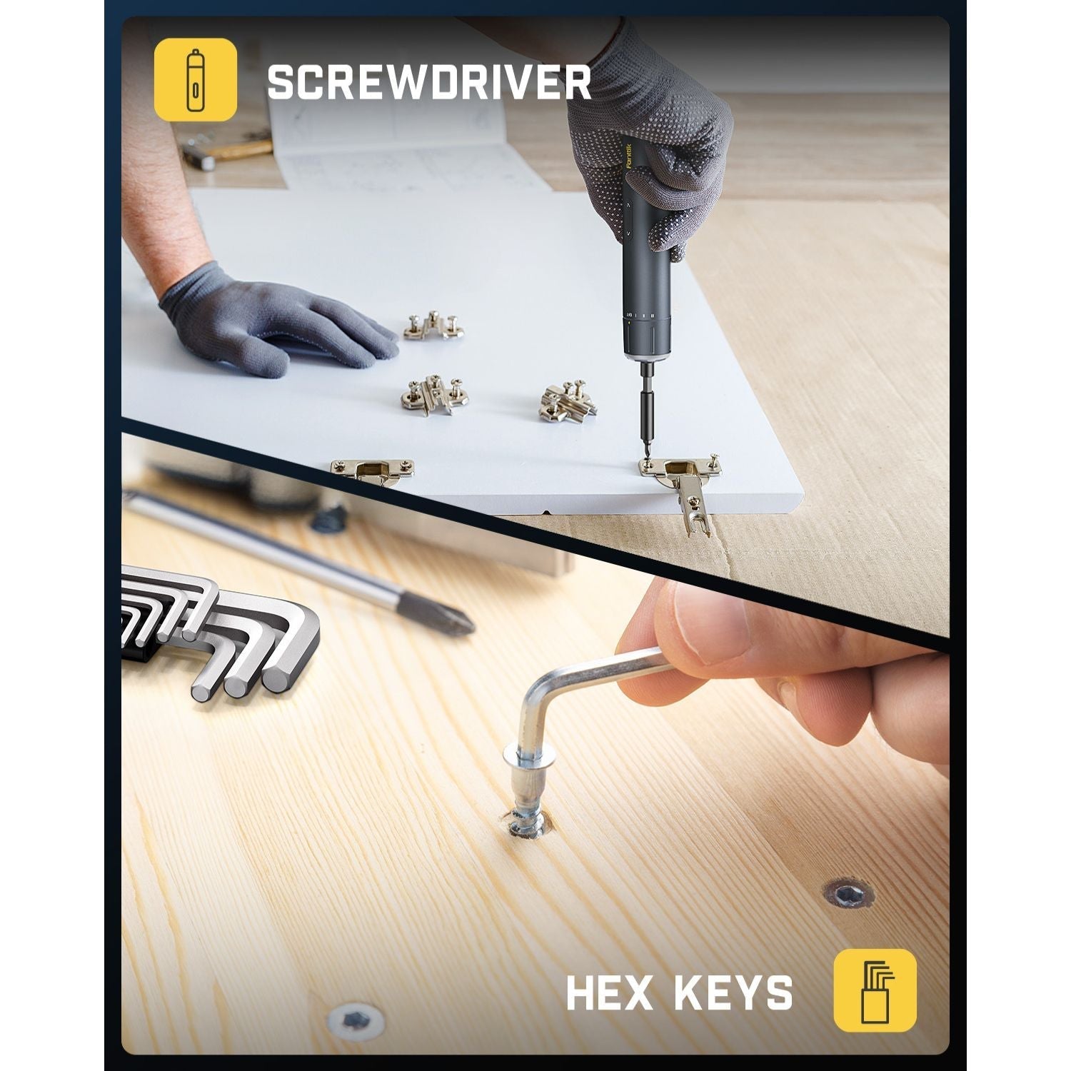 Fanttik S1 NEX Studio electric screwdriver and hex keys used for furniture assembly and DIY projects.