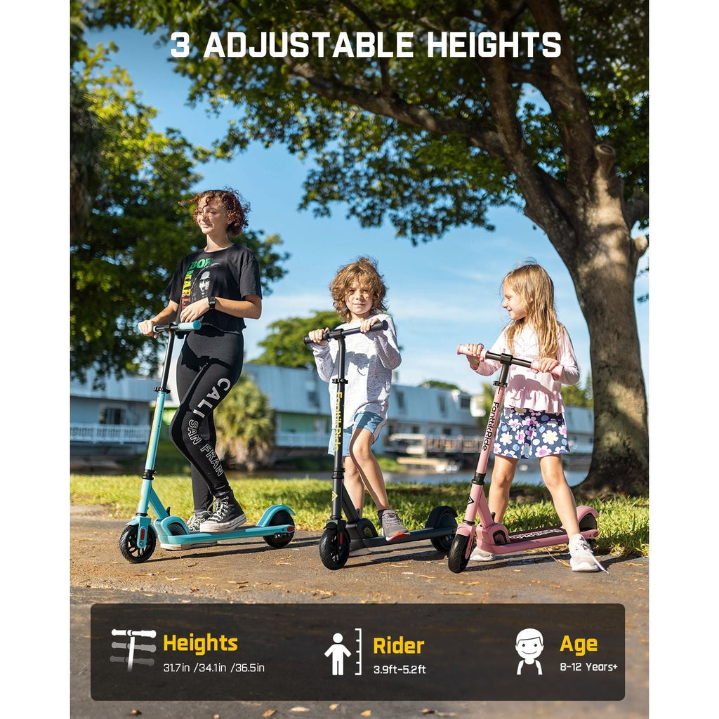 FanttikRide C9 kids' electric scooter in teal, black, pink. Features 3 adjustable heights for ages 8-12, rider height 3.9-5.2ft.