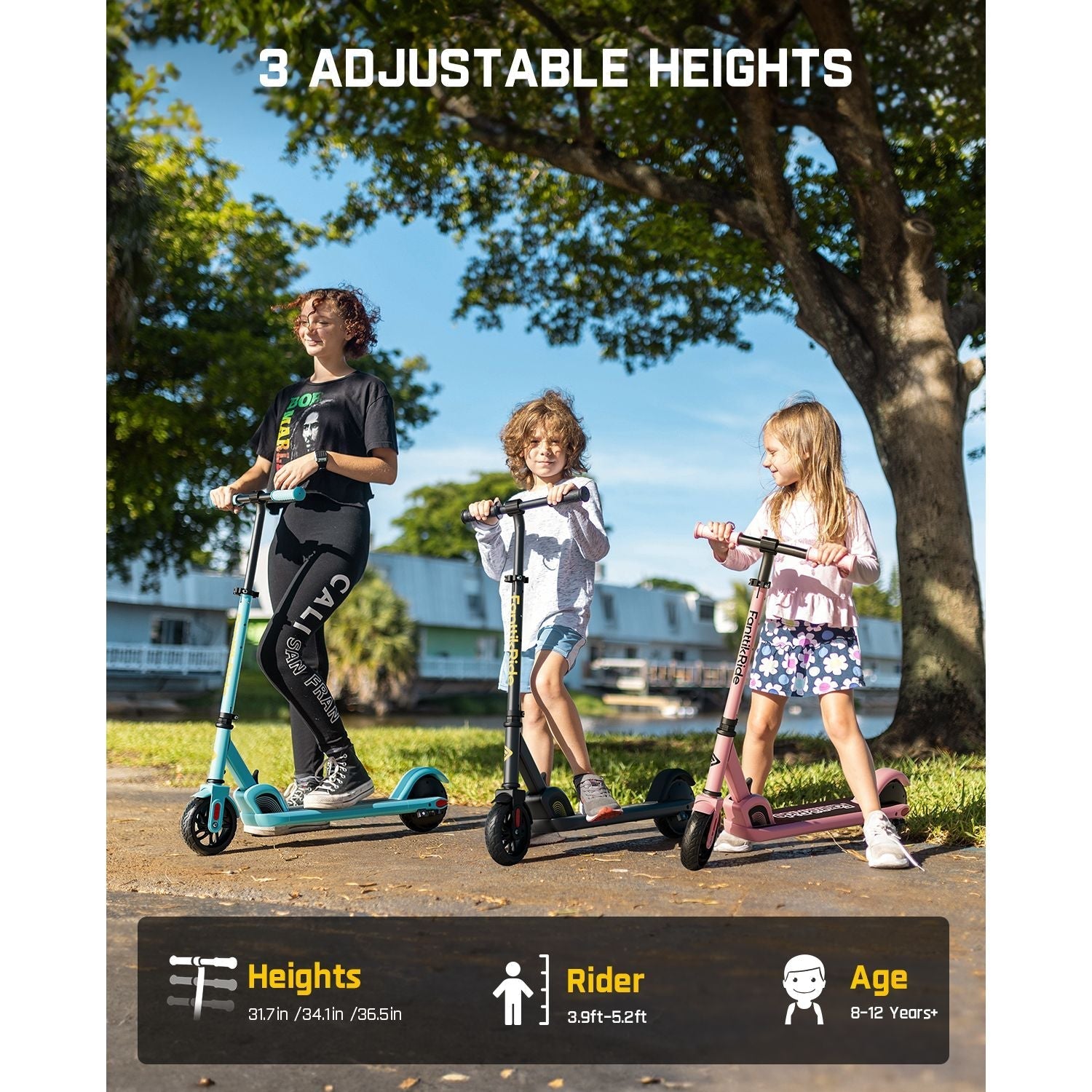 FanttikRide C9 kids' electric scooter in teal, black, pink. Features 3 adjustable heights for ages 8-12, rider height 3.9-5.2ft.