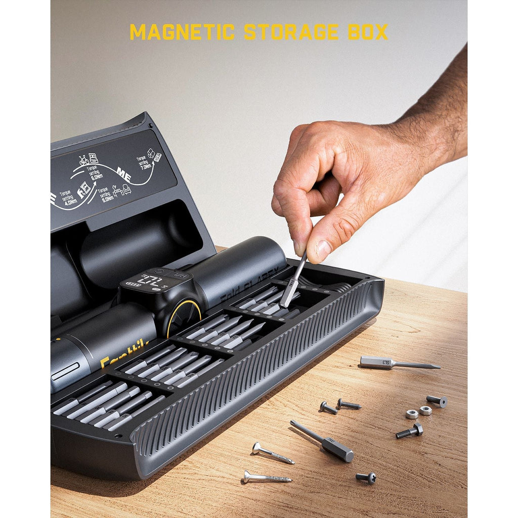 Fanttik Fold S1 APEX Deluxe Cordless Screwdriver with magnetic storage box and 20 S2 bits