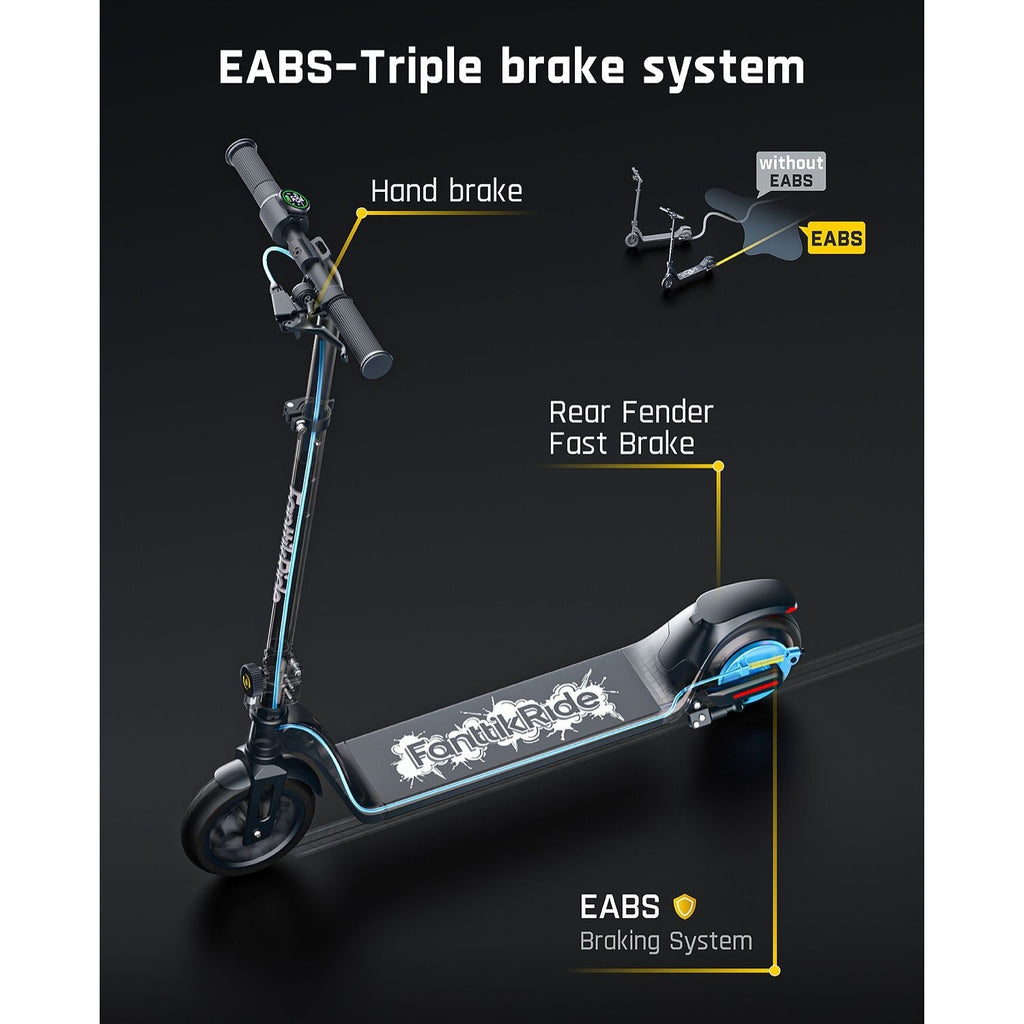 FanttikRide T10 electric scooter triple brake system: hand brake, rear fender fast brake, and EABS.