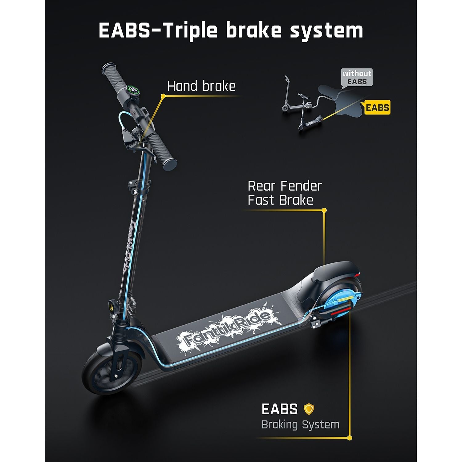 FanttikRide T10 electric scooter triple brake system: hand brake, rear fender fast brake, and EABS.
