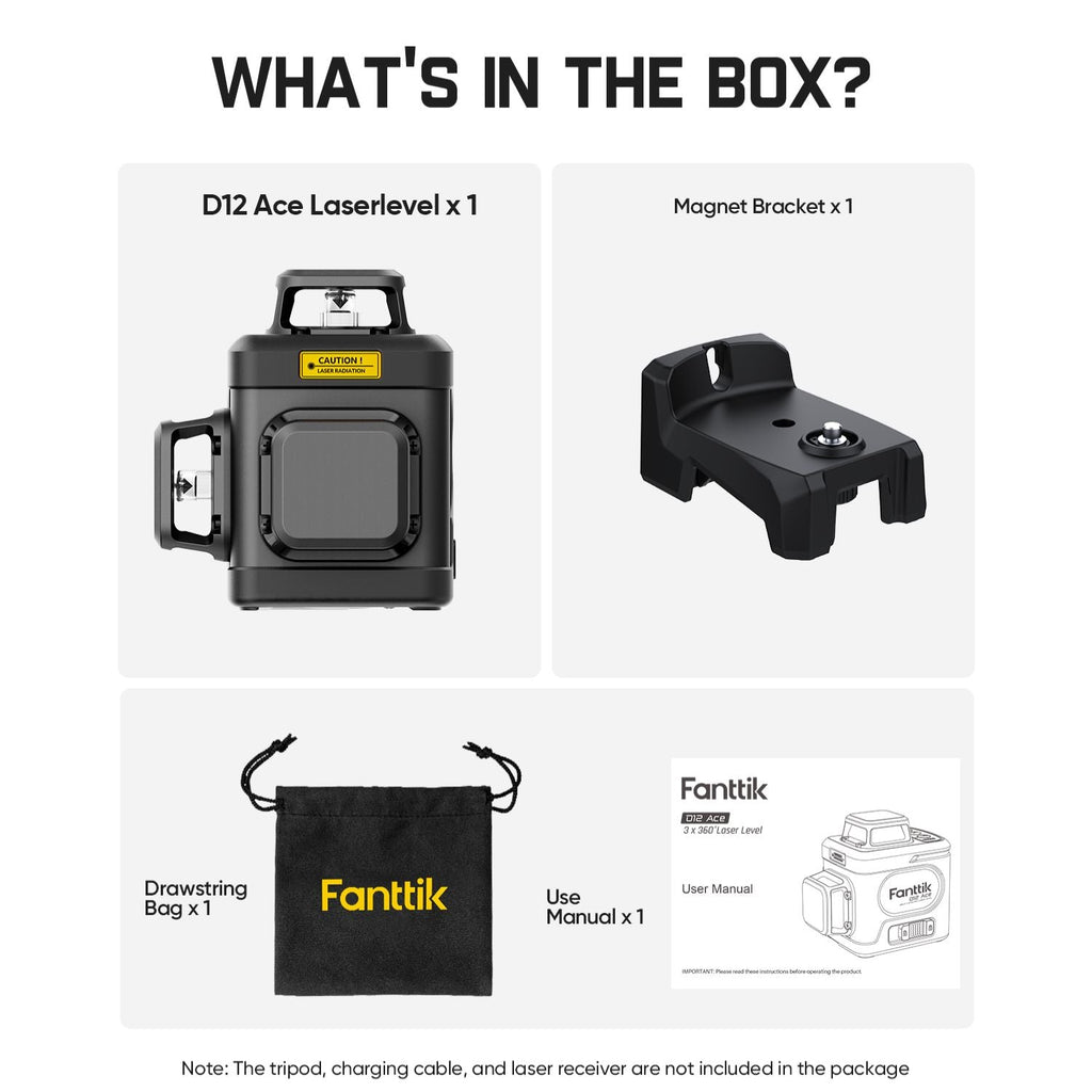 Fanttik D12 Ace Laser Level package contents: laser level, magnet bracket, drawstring bag, and user manual.