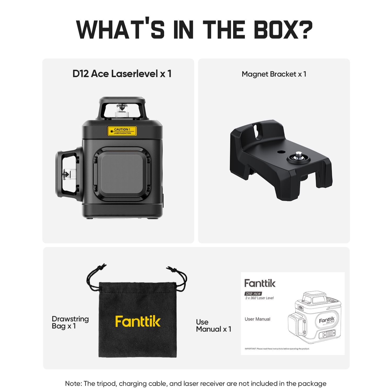 Fanttik D12 Ace Laser Level package contents: laser level, magnet bracket, drawstring bag, and user manual.