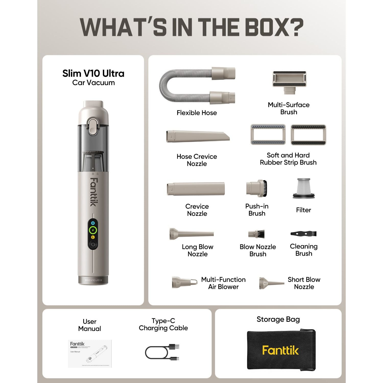 Product packaging for Fantik Slim V10 Ultra Car Vacuum showing all included items.