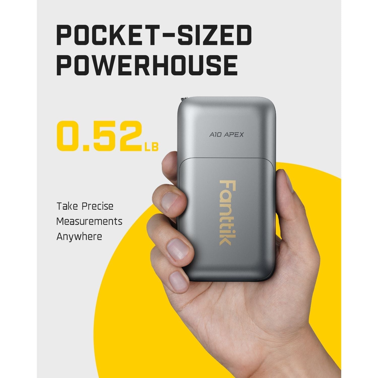 Fanttik A10 Apex pocket-sized laser distance meter in hand, 0.52 lb