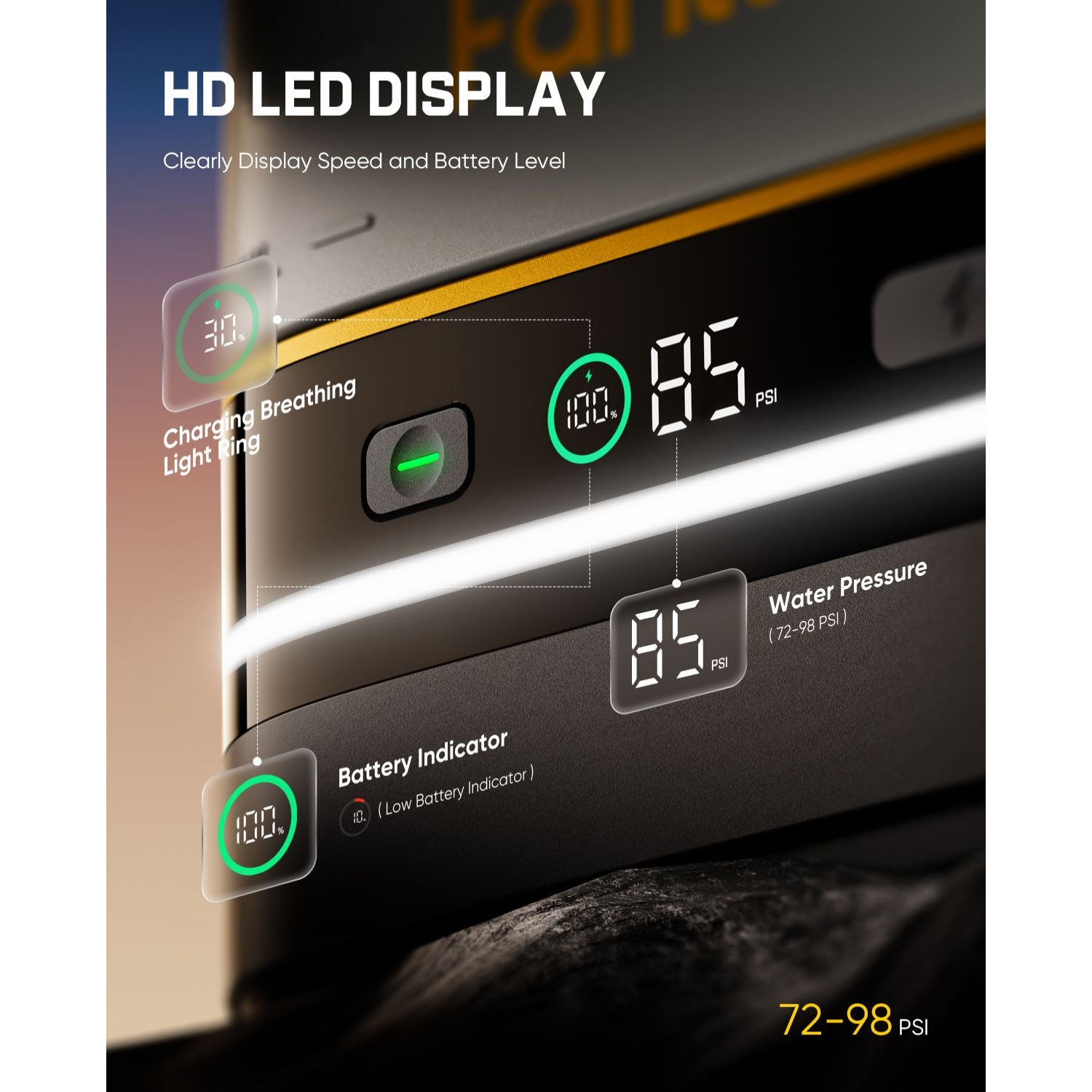 NB10 Nano portable pressure washer fetures featured digital display of a pressure gauge with LED indicators and text on a dark background