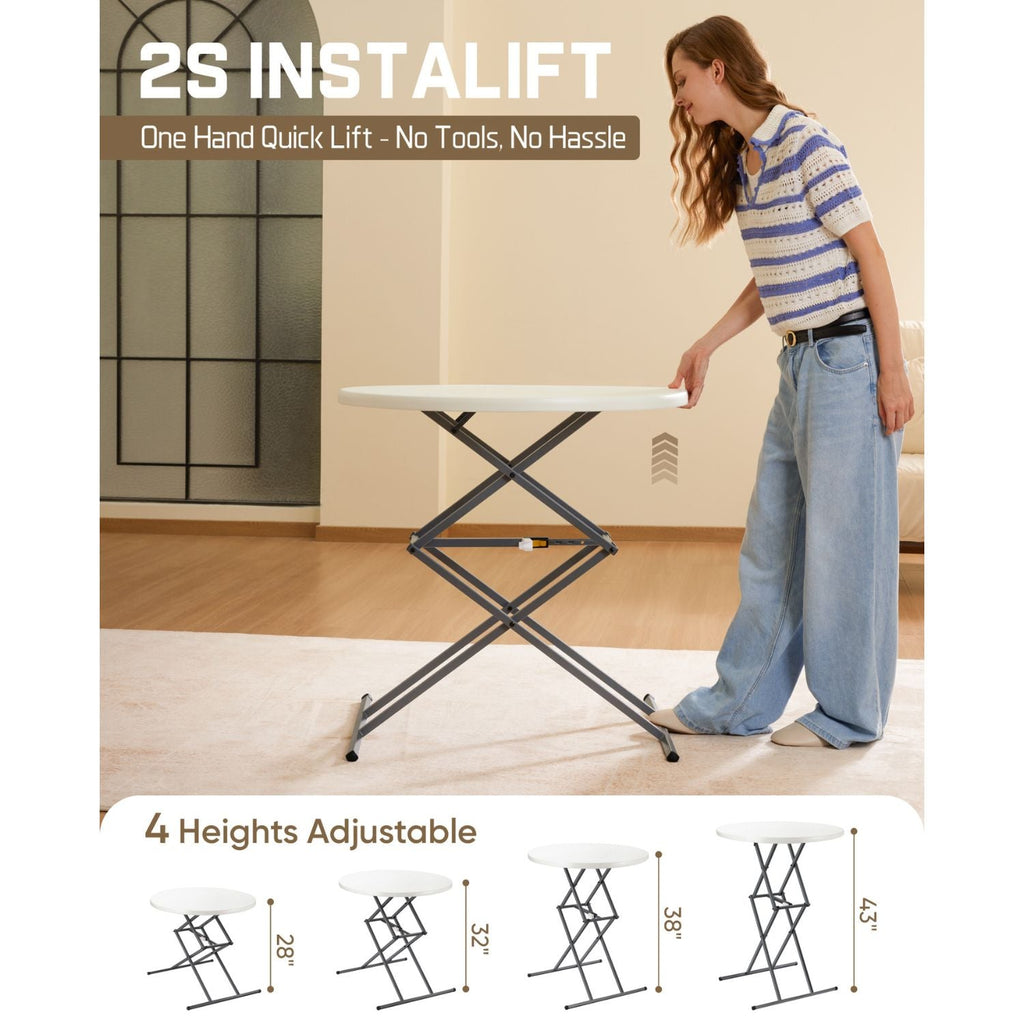 FanttikOutdoor Zeta O3 Pro folding table, white top, gray X-frame legs, 4 adjustable heights: 28", 32", 38", 43". "2S INSTALIFT" text visible.