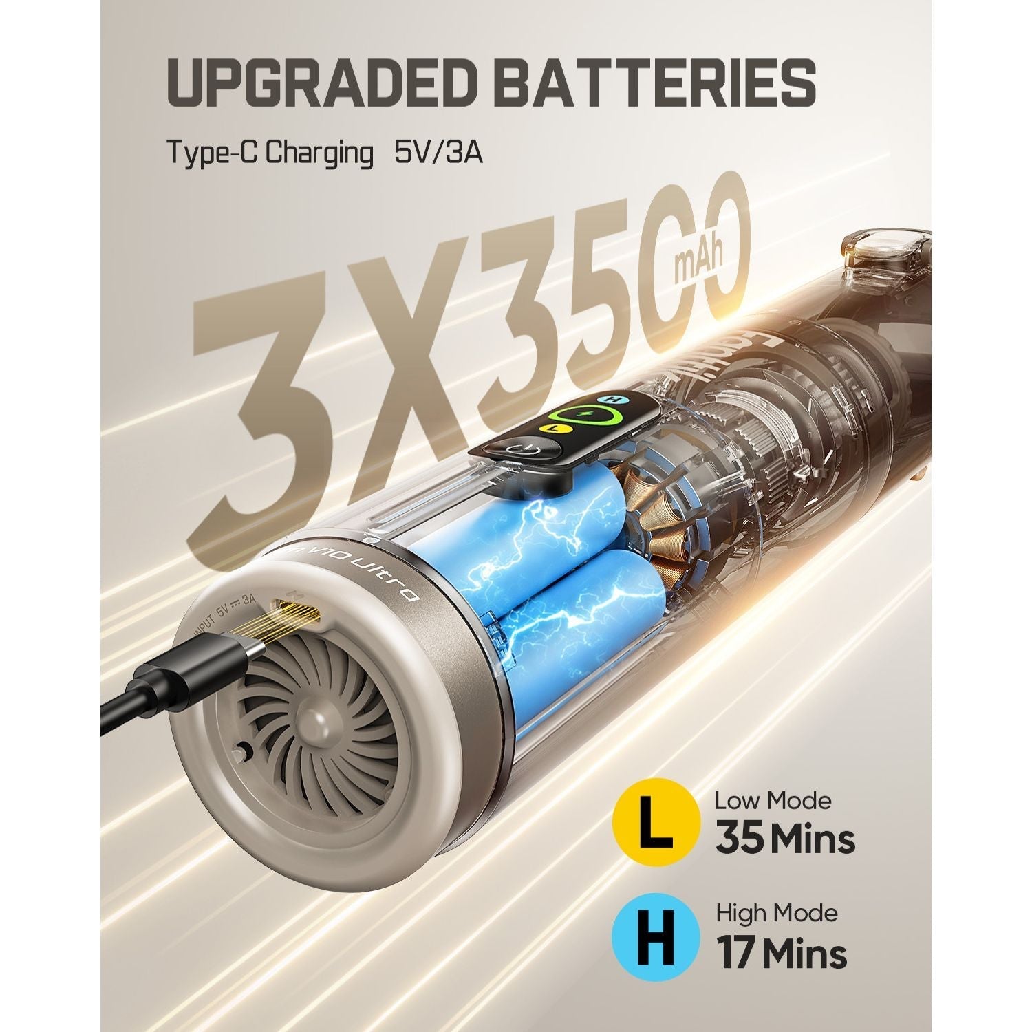 Product with batteries and charging cable, featuring text about upgraded batteries and charging details.
