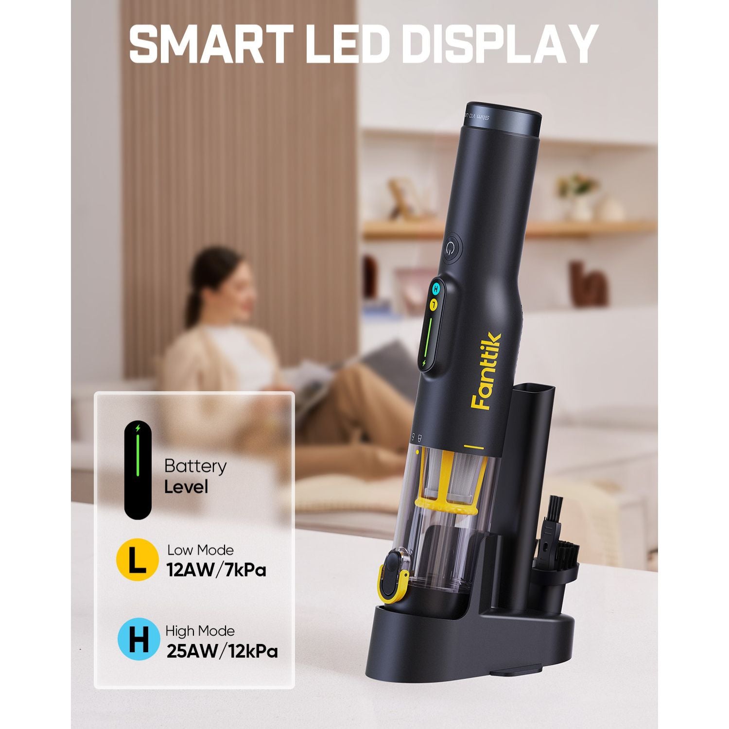 Fanttik Slim V10 Lite cordless vacuum: Smart LED display shows battery, Low (12AW/7kPa) & High (25AW/12kPa) modes. Includes charging base & brush.