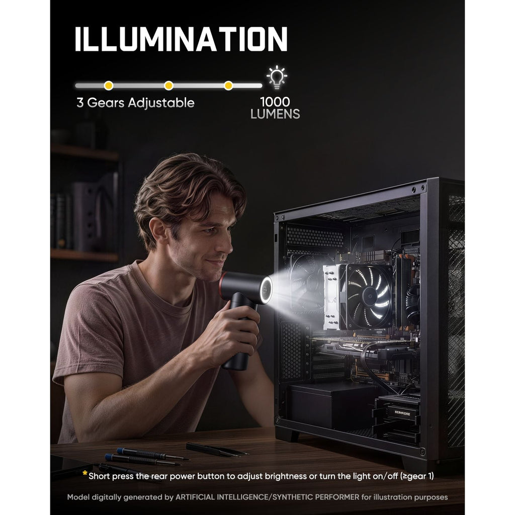 Person using a air duster with flashlight to inspect a computer case with text about light settings.