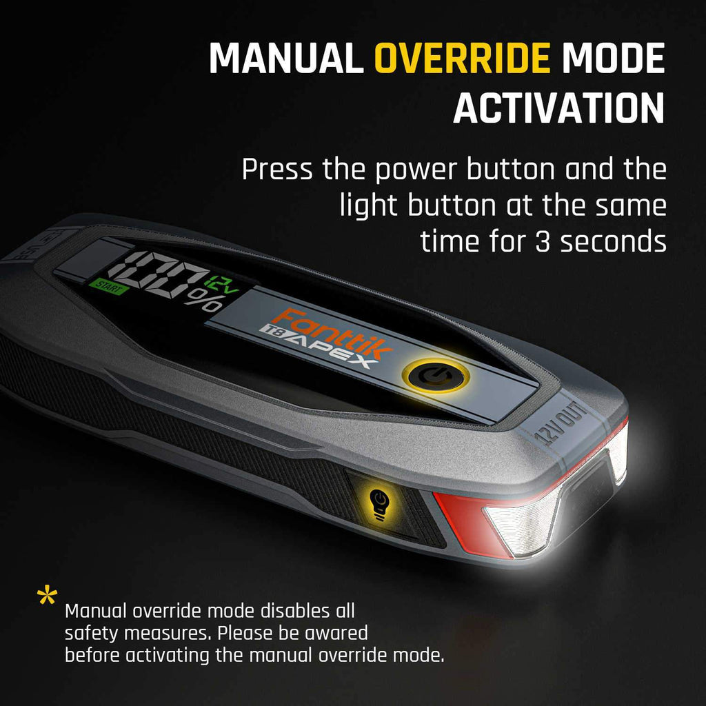 Fanttik T8 APEX jump starter manual override mode activation instructions with 100% battery and 12V output display.