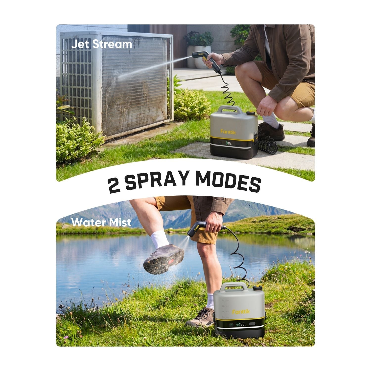 Person using a Fanttik NB10 Nano Portable Cordless Electric Sprayer with '2 Spray Modes' text overlay on a white background.