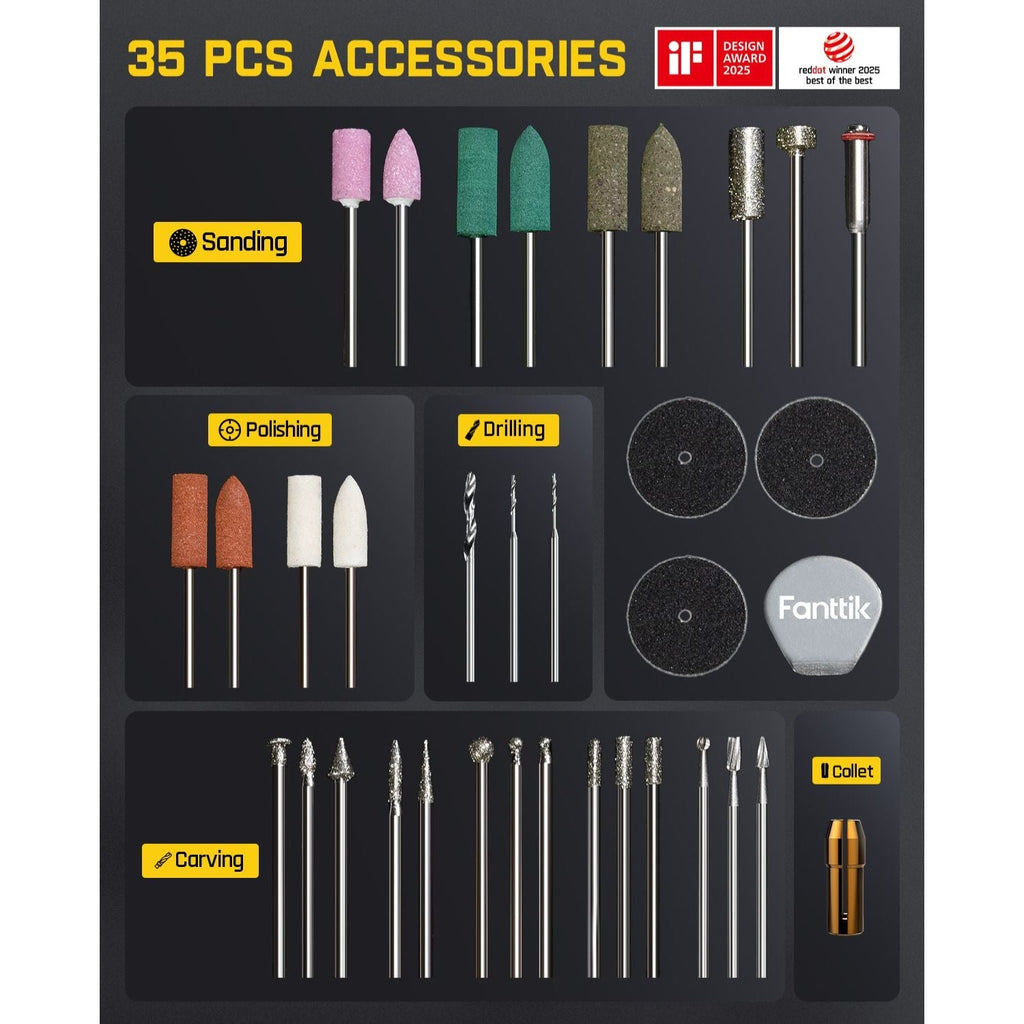Set of 35 accessories for Fanttik F2 Master Cordless Rotary Tool-Orange, including sanding, polishing, drilling, and carving tools, with 'Fantik' branding.