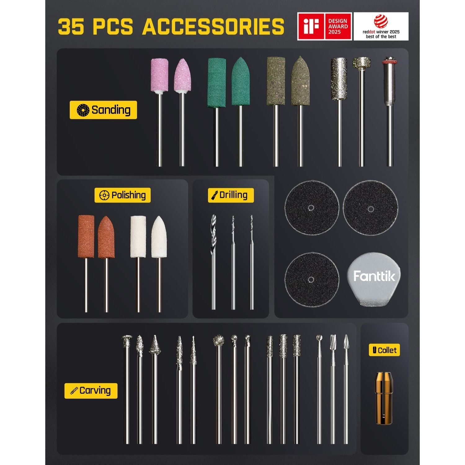 Set of 35 accessories for Fanttik F2 Master Cordless Rotary Tool-Orange, including sanding, polishing, drilling, and carving tools, with 'Fantik' branding.