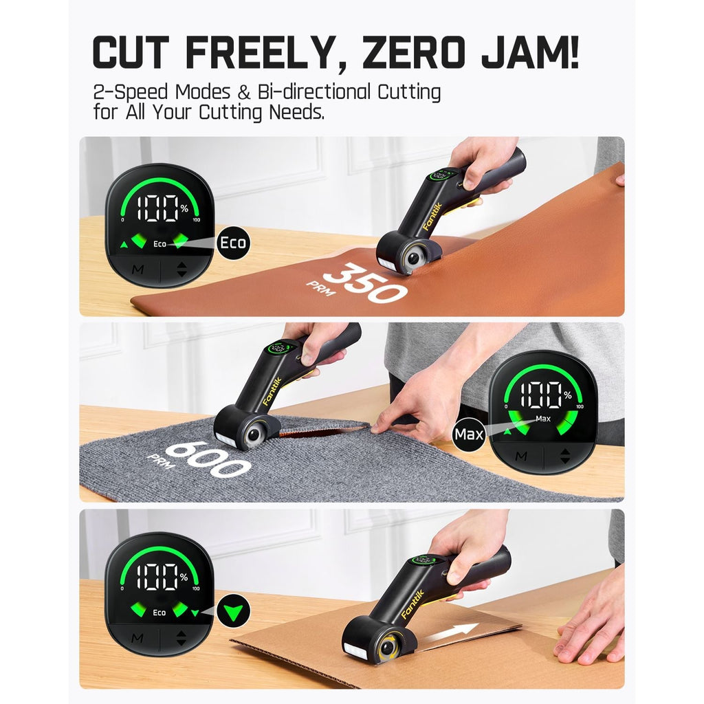 Fanttik C10 Pro electric scissors cutting fabric at 600 RPM, cardboard, and leather. Features dual speed modes & battery display.