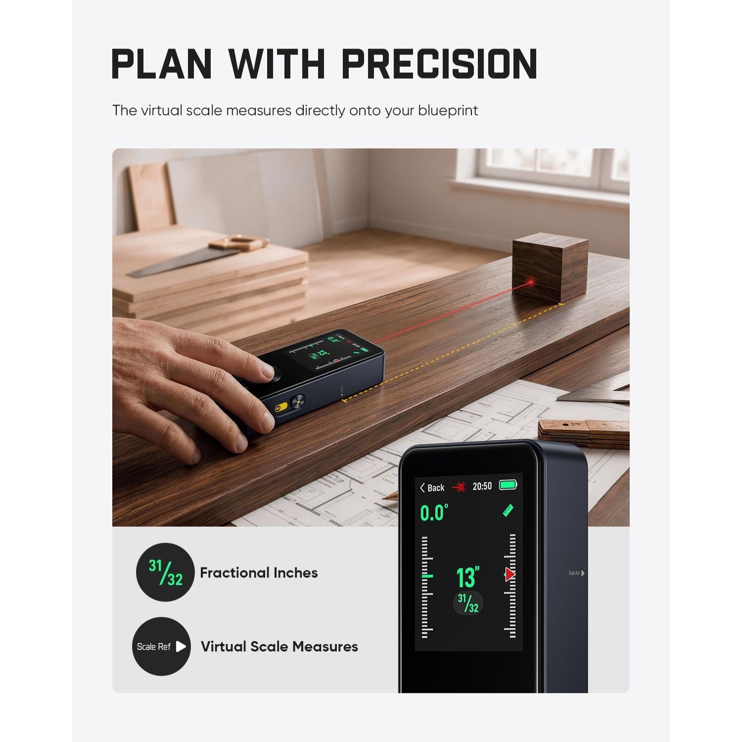Fanttik Neo A11 Pro Laser Measuring Tool on a wooden surface with text about precision planning.